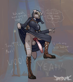 animal_genitalia animal_penis anthro balls big_balls big_breasts big_penis blonde_hair boots breasts canine_genitalia canine_penis cigarette clothed clothing cross flashing flashing_penis footwear fur genitals gun gynomorph hair handgun huge_penis inner_monologue intersex knot knotted_penis long_penis no_underwear nun nun_outfit partially_clothed penis pistol presenting presenting_penis ranged_weapon scar shoes smoke smoke_from_nose smoking smoking_cigarette solo standing tan_body tan_fur text thinking weapon septicemic_(artist) canid canine canis domestic_dog mammal english_text hi_res