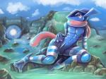 anthro clothing detailed_background legwear male outside solo stockings soapaint nintendo pokemon greninjohns amphibian generation_6_pokemon greninja pokemon_(species) 4:3 absurd_res hi_res