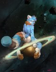 anthro blue_body blue_fur blue_hair brown_body brown_eyes brown_fur brown_pawpads butt closed_smile cosmic_background fur glistening glistening_pawpads hair looking_at_viewer looking_back macro male markings mouth_closed narrowed_eyes nebula nude pawpads planet planet_dwarfing rear_view ringed_planet short_hair sitting sitting_on_planet smile solo space space_background striped_body striped_fur striped_markings striped_tail stripes tail tail_markings terra_macro white_body white_fur oselotti ailurid mammal red_panda 2022 full-length_portrait hi_res portrait signature