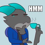 anthro barefoot blue_eyes clothed clothing container cup feet grey_body hoodie horn male solo text thinking thoughtful_expression topwear milachu92 hmm_(meme) side_b kobold reptile scalie 1:1 hi_res meme reaction_image