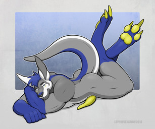 anthro blue_body blue_hair blue_nose claws feet fur genitals grey_body grey_fur hair looking_at_viewer lying_on_ground male on_ground penis solo white_body yellow_penis vexedlupine kangaroo macropod mammal marsupial 2018