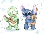 'olu_mel 2020 4_fingers alien black_eyes blue_body blue_claws blue_eyes blue_fur blue_nose claws disney disney_parks duffy_and_friends duo experiment_(lilo_and_stitch) eye_contact fingers fur green_body green_skin head_tuft hi_res holding_musical_instrument holding_object lilo_and_stitch looking_at_another lute m_ssk626 male musical_instrument musical_note notched_ear open_mouth open_smile playing_music plucked_string_instrument reptile scalie semi-anthro shell signature smile standing stitch_(lilo_and_stitch) string_instrument tuft turtle ukulele