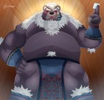 anthro belly black_sclera bottomwear clothing condom hairy loincloth looking_at_viewer looking_down male musclegut muscular navel nipples overweight overweight_male pecs sexual_barrier_device solo nisikemo lifewonders tokyo_afterschool_summoners wen_kamui_(tas) bear mammal absurd_res hi_res