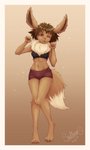 anthro anthrofied blush border brown_body brown_fur clothed clothing female fur hair looking_at_viewer midriff navel pokemorph simple_background smile solo white_border sadleen nintendo pokemon canid canine eevee generation_1_pokemon mammal pokemon_(species) 2020 3:5 digital_media_(artwork) hi_res