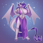 anthro big_breasts blue_eyes bracelet breasts cleavage clothed clothing dress female hair hooves horn jewelry membrane_(anatomy) membranous_wings necklace pose purple_hair purple_wings solo sparkles two_tone_wings white_wings wings nauth hasbro my_little_pony mythology amberlight_moon_(oc) fan_character dragon equid equine hybrid kirin mammal mythological_creature mythological_equine mythological_scalie scalie winged_unicorn absurd_res hi_res