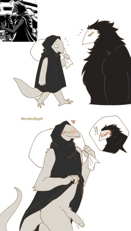 anthro anthro_on_anthro aroused clothed clothing clothing_lift cutaway duo exclamation_point expression_cutaway eye_contact fur genitals grey_body grey_fur heart_reaction hooded_robe inviting looking_at_another male muscular muscular_male narrowed_eyes no_underwear noticing penis presenting presenting_penis sack simple_background smile tail text white_background yellow_eyes lovebuffpg45 toriko_(series) nitro_(toriko) artist_name hi_res reference_image