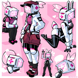 boots bunny_costume clothing costume electronics female footwear grin heart_symbol high_heeled_boots high_heels legwear leotard machine microphone multiple_poses not_furry pink_background pose screen screen_face shoes simple_background sitting smile solo speech_bubble thigh_highs thinking tongue tongue_out baronflint avalon_(baronflint) humanoid robot robot_humanoid 1:1