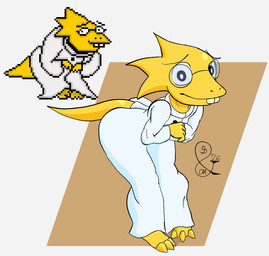 anthro barefoot buckteeth clothing coat eyewear feet female glasses lab_coat looking_at_viewer simple_background smile solo standing tail teeth topwear wearing_glasses yellow_body swingandamiss undertale_(series) alphys lizard reptile scalie 2026 digital_drawing_(artwork) digital_media_(artwork) shaded signature simple_shading