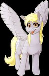 blonde_hair deviantart_logo feathered_wings feathers female feral glistening glistening_eyes grey_body grey_ears grey_wings hair open_mouth open_smile orange_eyes smile solo tail wings yellow_eyes yellow_tail milk-jug deviantart friendship_is_magic hasbro my_little_pony mythology derpy_hooves_(mlp) equid equine mammal mythological_creature mythological_equine pegasus hi_res watermark