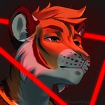 anthro black_stripes cheek_tuft close-up facial_tuft fur gradient_background green_eyes haircut looking_forward male neon_lights neutral_expression orange_body orange_fur pink_nose simple_background snout solo striped_body stripes tuft white_body white_fur omesore polosatik_(character) felid mammal pantherine tiger 1:1 2025 icon
