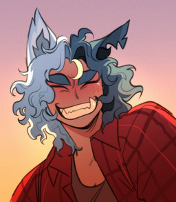 ambiguous_gender blue_hair blush dark_body dark_skin eyebrows eyes_closed fangs flannel flannel_shirt fox_ears grin hair multicolored_hair sharp_teeth smile smiling_at_viewer solo teeth thick_eyebrows glacierclear foxtrot_(glacierclear) blue_moon_(glacierclear) animal_humanoid canid canid_humanoid canine canine_humanoid fox_humanoid humanoid mammal mammal_humanoid hi_res trans_(lore) trans_woman_(lore)