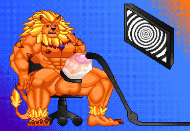 anthro balls barazoku big_balls big_penis bodily_fluids chair cum cum_collecting ejaculation furniture genital_fluids genitals humanoid_genitalia humanoid_penis hypnosis machine male milking_cum milking_machine mind_control muscular muscular_anthro muscular_male nipples penile penis penis_milking screen sitting solo morinetsu bandai_namco digimon digimon_(species) leomon 2d_animation absurd_res animated animated_gif digital_media_(artwork) hi_res loop pixel_(artwork) pixel_animation short_playtime