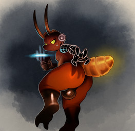 2_toes 4_fingers antennae_(anatomy) anthro backsack balls big_balls big_butt black_antennae black_body black_exoskeleton black_eyes blush brown_balls brown_body brown_exoskeleton brown_perineum butt cybernetic_arm cybernetic_limb exoskeleton fangs feet fingers genitals gun half-closed_eyes holding_gun holding_object holding_ranged_weapon holding_weapon looking_back looking_down male narrowed_eyes on_one_leg orange_body perineum prosthetic prosthetic_arm prosthetic_limb pupils ranged_weapon rear_view red_body red_exoskeleton science_fiction slightly_chubby slit_pupils smile solo standing teeth thick_thighs toes weapon yellow_sclera daftpatriot alien arthropod insect 2021 hi_res