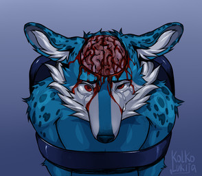 anthro blood blue_body blue_fur bodily_fluids brain brainwashing exposed_brain front_view fur gore high-angle_view male markings organs pain punishment red_eyes snuff solo spots spotted_body spotted_fur tears torture kolkolukija deer mammal
