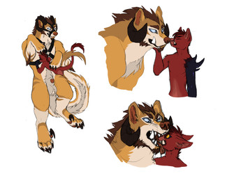 ambiguous_gender andromorph animal_genitalia anthro anthro_on_feral balls bdsm beard bestiality blue_eyes bondage bottomless bound brown_body brown_fur butt chest_tuft claws clothed clothing dominant duo facial_hair feral forced fur genitals hair half-erect harness intersex interspecies kissing leather licking lying male mane mawplay muzzle_(object) muzzled nude on_back orange_body orange_fur pawpads paws penis presenting pubes red_body red_fur red_hair sheath short_hair simple_background size_difference smile standing teeth tongue tongue_out tuft vore white_background yellow_eyes devilenby ares_(devilenby) visgoth canid canine demon mammal digital_media_(artwork) hi_res