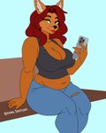 anthro bench big_breasts big_butt bottomwear breasts butt clothing denim denim_bottomwear denim_clothing electronics female fur hair holding_object holding_phone jeans on_bench orange_body orange_fur pants phone red_hair shirt sitting sitting_on_bench slightly_chubby solo tank_top thick_thighs topwear wide_hips ren_imperior animal_humanoid canid canid_humanoid canine canine_humanoid fox fox_humanoid humanoid mammal mammal_humanoid 4:5 absurd_res hi_res