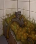 anthro bathroom behemoth_(pawnoff) black_body black_fur eating_feces excessive_feces feces feces_bath feces_in_mouth feces_in_tub felid feline filth fur green_eyes hi_res hyper hyper_feces leopard ltwind34 male mammal pantherine partially_submerged scatplay solo stain