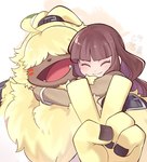 anthro brown_hair duo female fluffy fluffy_chest fur gesture hair hair_over_eyes hand_gesture hug long_ears male ponytail_ears v_sign yellow_body yellow_fur youzaiyouzai112 bandai_namco digimon digimon_ghost_game angoramon_(ghost_game) ruri_tsukiyono angoramon digimon_(species) human lagomorph leporid mammal rabbit hi_res