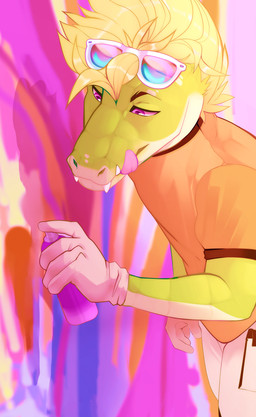 anthro blonde_hair bottomwear clothing countershade_face countershade_neck countershading eyewear eyewear_on_head gloves green_body green_skin hair handwear male paint pants purple_eyes sharp_teeth shirt snout solo spray_can spray_paint sunglasses sunglasses_on_head teeth tongue tongue_out topwear wearing_sunglasses jakeshiba rad_croc crocodile crocodilian reptile scalie absurd_res hi_res