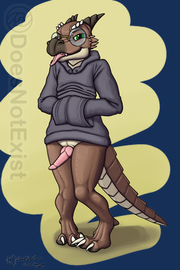 abstract_background animal_genitalia anthro bottomless brown_body brown_scales claws clothed clothing countershading cute_fangs dewclaw digitigrade eyewear fangs genital_slit genitals glasses green_eyes grey_clothing grey_hoodie grey_topwear hand_in_pocket hands_in_both_pockets hoodie horn knock-kneed knot knotted_penis looking_at_viewer male one_eye_closed penis pigeon_toed pink_penis pink_tongue pockets pupils round_glasses scales simple_background slit_pupils smile smiling_at_viewer solo standing tail tan_body tan_scales teeth toe_claws tongue tongue_out topwear transparent_background ventral_scales wearing_glasses wink winking_at_viewer doesnotexist subscribestar bryce_daeless kobold scalie 2026 alpha_channel digital_media_(artwork) hi_res signature watermark