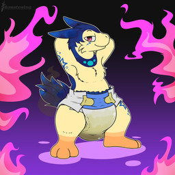 3_toes anthro big_diaper blue_body blue_fur diaper feces feet fire fur hands_behind_head looking_at_viewer male multicolored_body multicolored_fur soiled_diaper soiling solo standing tail tan_body tan_fur tan_legs three-quarter_view toes unclean_diaper used_diaper ritzcat nintendo pokemon generation_2_pokemon pokemon_(species) typhlosion 1:1 2023 hi_res