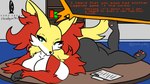 anthro big_breasts breasts butt dialogue female furniture lying on_front on_table raised_leg solo speech_bubble table text punch_pubby nintendo pokemon canid canine delphox fox generation_6_pokemon mammal pokemon_(species) 16:9 hi_res widescreen