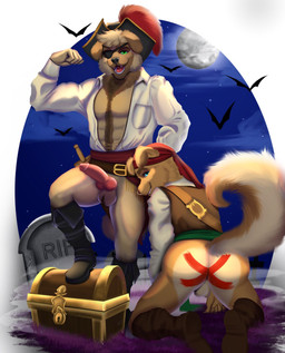 alley animal_genitalia animal_penis anthro ass_up backsack balls boots bottomless bottomless_anthro bottomless_male butt canine_genitalia canine_penis clothed clothing costume duo erection flexing flexing_bicep footwear full_moon fur genitals halloween_costume hat headgear headwear holidays knot looking_at_viewer looking_back male male/male melee_weapon moon night open_clothing open_mouth open_topwear outside penis pirate_costume pirate_hat shoes smile standing sword tail tombstone topwear treasure_chest weapon nekochan002 halloween canid canine canis domestic_dog mammal digital_media_(artwork) hi_res