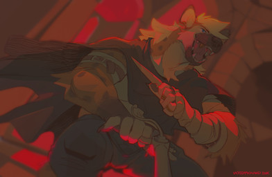 anthro blue_eyes brown_body clothed clothing dagger ear_piercing fantasy gun male medieval melee_weapon piercing ranged_weapon rogue solo spots weapon wraps voidhound seru hyena mammal spotted_hyena absurd_res hi_res