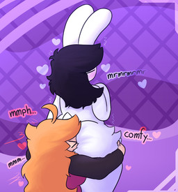 ahoge ambiguous_gender anthro big_butt biped black_hair black_sclera blush blush_lines body_worship butt butt_worship clothed clothing duo eye_through_hair eyes_closed female female/ambiguous hair hand_on_butt heart_symbol long_ears monotone_body nude orange_hair purple_background rear_view scut_tail short_tail simple_background standing tail text thick_thighs translucent translucent_hair tuft white_body white_eyes white_tail wide_hips hornyicakes jack_(hornyicakes) human lagomorph leporid mammal rabbit 2024 digital_drawing_(artwork) digital_media_(artwork) english_text hi_res