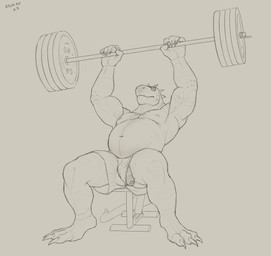 anthro barbell belly big_belly bottomwear clothed clothing exercise eyes_closed foreskin front_view genitals male male_anthro mouth_closed muscular muscular_anthro muscular_male navel nipples overweight overweight_anthro overweight_male pecs penis penis_poking_out shorts simple_background sitting solo topless weightlifting workout aduran scalie hi_res monochrome sketch