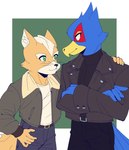 absurd_res anthro avian beak biped bird blue_body blue_feathers canid canine canis clothing crossed_arms duo eye_contact falco_lombardi feathers fox fox_mccloud fur green_eyes hand_on_shoulder hi_res jacket looking_at_another male male/male mammal nintendo orange_body orange_fur star_fox tbrktbrk02 topwear