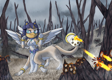 3_toes accessory armlet beak blue_eyes blue_hair bottomwear bow_ribbon bullet bullet_hole clothing dead_tree ears_as_hair feet female fist furgonomics gatling_gun gold_band grey_sky gun hair jewelry legband loincloth machine_gun minigun mostly_nude_anthro multicolored_body plant ranged_weapon ring shooting_gun sky solo tail tail_accessory tail_gun tail_jewelry tail_ring tan_body toes tree two_tone_body weapon weapon_tail white_body wings zboys mythology ayiki_(bonjolasermaster) avian avian_taur gryphon gryphon_taur mythological_avian mythological_creature taur hi_res signature