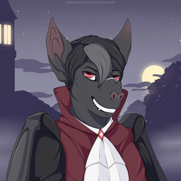 anthro big_ears black_hair claws clothed clothing fangs gem hair looking_at_viewer male membrane_(anatomy) membranous_wings night red_eyes ruby_(gem) scar smile solo teeth wings conditional_dnp krazykurt ruby_the_bat_(ruby_savarin) bat mammal vampire 1:1 half-length_portrait hi_res portrait