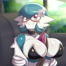 accessory big_breasts blurred_background blush blush_stickers breasts car_seat chest_horn choker cleavage clothed clothing coat cosplay female hair_accessory inside_vehicle jewelry lab_coat light looking_at_viewer mole_on_cheek necklace off_shoulder parody scene_parody seat_belt sitting smile solo sunlight topwear lucyfercomic nintendo pokemon poketoon tomorrow_with_gardevoir dr._voir gardevoir generation_3_pokemon humanoid pokemon_(species) 1:1 2025 hi_res