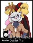 anthro badger breasts camelid clothed clothing comic cover cover_art cover_page english_text eyewear female giraffe giraffid glasses hi_res llama llama_llama llama_llama_(character) looking_back luna_giraffe male mammal molly_badger mustelid musteline pink_nose text zombikiss