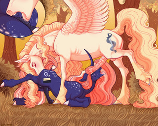 accessory anal animal_genitalia animal_penis anus balls bent_legs blonde_hair blue_body blush bodily_fluids curved_horn cutie_mark dapple darkened_genitalia dominant dominant_male dripping duo ear_tuft equine_anus equine_genitalia equine_penis erection femboy feral fetlocks floppy_ears forest forest_background genital_fluids genitals grass hair hair_accessory horn horseshoe larger_male leaf licking long_hair male male/male male_rimming male_rimming_male multicolored_hair nature nature_background open_mouth oral outside_sex penis pink_genitals plant precum precum_drip puffy_anus raised_leg raised_tail rimming rimming_male saliva sex size_difference smaller_male sparkles spread_wings submissive submissive_male tail teeth tongue tree tuft two_tone_hair white_body wings snowberry hasbro my_little_pony mythology satin_sabre_(snowberry) equid equine horse mammal mythological_creature mythological_equine pegasus unicorn 5:4