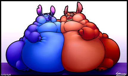 black_border blue_body blue_claws blue_fur blue_nose border claws duo eyes_closed fur grin hand_on_belly head_tuft morbidly_obese notched_ear obese overweight pink_nose red_body red_claws red_eyes red_fur simple_background small_tail smile tail tuft white_background snozzy disney lilo_and_stitch leroy_(lilo_and_stitch) stitch_(lilo_and_stitch) alien experiment_(lilo_and_stitch) 2015 digital_drawing_(artwork) digital_media_(artwork) signature