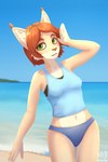 beach bikini bikini_bottom clothing female green_eyes hair inner_ear_fluff looking_at_viewer midriff multicolored_body navel pose red_hair seaside shirt smile solo swimwear tank_top tankini topwear tuft two-piece_swimsuit two_tone_body water yellow_body maxizz nata_(maxizz) felid feline hybrid lynx mammal absurd_res hi_res