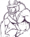 anthro clothing fangs furgonomics hat hat_only headgear headgear_only headwear headwear_only male mostly_nude muscular muscular_anthro muscular_male solo teeth rrowdybeast canid canine canis mammal wolf 2012 4:5 monochrome