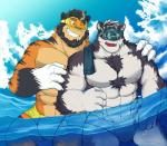 abs accessory anthro biceps clothing duo facial_hair fur headband kemono male multicolored_body multicolored_fur muscular muscular_male nipples one_eye_closed pecs sea sky swimwear water white_body white_fur wink kororoman yutari lifewonders tokyo_afterschool_summoners horkeu_kamui_(tas) hotaru_hirano canid canine canis mammal wolf 2018 hi_res