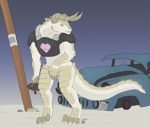 anthro armor car claws detailed_background gradient_background grass horn male outside plant plushie pole red_eyes rock rust sand scales simple_background solo spikes text utility_pole vehicle white_body wolfarion chryslus_motors_corporation corvega corvega_sedan fallout microsoft deathclaw scalie 2020 colored english_text hi_res signature