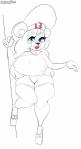 absurd_res anthro bear big_breasts bimbo_(bakery) bimbo_bear breasts chef_hat clothed clothing dongitos female footwear hair hat headgear headwear hi_res high_heels huge_breasts lips long_hair mammal platform_footwear platform_shoes shoes solo text text_on_clothing text_on_headwear thick_lips thick_thighs white_body wide_hips