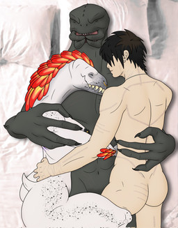 4_fingers anthro areola barbell_piercing bed bisexual black_hair breasts butt ear_piercing ear_stud eyes_closed facial_piercing feathers female female_anthro fingers freckled_crotch freckled_face freckled_hips freckled_legs freckled_shoulders freckled_thighs freckles furniture grey_body group hair hand_on_back hand_on_shoulder hug light_body light_skin lying male male/female male/male male_human male_humanoid mandibles nipple_barbell nipple_piercing nipples non-mammal_breasts nose_piercing nose_ring on_back on_bed on_side piercing red_body red_feathers ring_piercing scar sharp_teeth short_tail side_boob sleeping smile speckled_body tail teeth trio white_body yellow_body yellow_feathers turianwaifu halo_(series) microsoft xbox_game_studios zir-zen alien human humanoid ibie'shan kig-yar mammal sangheili scalie colored hi_res