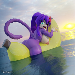 accessory anthro banana big_breasts big_butt breasts butt curvy_figure ear_piercing ear_ring fangs female flower flower_in_hair food fruit fur hair hair_accessory inflatable long_hair nipple_piercing nipples nude one_eye_closed partially_submerged piercing plant purple_body purple_fur purple_hair ring_piercing sea sky solo sunset teeth water wet wink tahlian kiki_(tahlian) haplorhine mammal monkey primate 1:1 3d_(artwork) blender_(artwork) digital_media_(artwork) hi_res