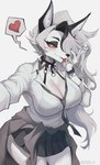 alternative_fashion anthro big_breasts black_clothing black_nails bottomwear bra breasts cleavage clothed clothing collar colored_nails eyebrow_piercing eyelashes eyeshadow facial_piercing fangs female fur grey_hair gyaru hair heart_symbol highlights_(coloring) hole_in_ear inner_ear_fluff j-fashion jacket_around_waist long_hair looking_at_viewer makeup nails necktie piercing red_sclera selfie shirt simple_background skirt smile smiling_at_viewer solo spiked_collar spikes teeth tongue tongue_out topwear translucent translucent_clothing tuft underwear white_background white_body white_clothing white_eyes white_fur wristband noona_plz helluva_boss mythology loona_(helluva_boss) canid canid_demon canine demon hellhound mammal mythological_canine mythological_creature hi_res portrait signature