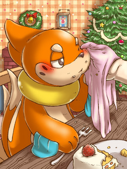 ambiguous_gender blush cake cutlery dessert duo eating food fork holidays kitchen_utensils one_eye_closed ornament plant pokeball solo_focus standard_pokeball tools towel tree wreath rusk07 christmas nintendo pokemon buizel generation_4_pokemon human mammal pokemon_(species) 3:4