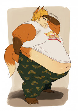 anthro belly big_belly big_butt blonde_hair blush bottomwear bottomwear_pull brown_body brown_fur butt claws clothed clothing clothing_pull dipstick_tail double_chin dressing dressing_self eyes_closed eyewear fat_arms fat_rolls fur geek glasses gloves_(marking) hair hylian_crest male markings moobs morbidly_obese morbidly_obese_male navel nerd obese obese_anthro obese_male open_mouth orange_body orange_fur overweight overweight_anthro overweight_male pajamas rubbing_eyes solo squean standing sweat_stain tail tail_markings tan_body tan_fur text thick_thighs tired toe_claws yawn fattybread maruchan canid canine fox mammal hi_res