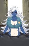 anthro big_breasts breasts clothing female hair police police_uniform quicksand sinking solo uniform white_hair shirasiyuki nintendo pokemon asami_the_samurott_cop generation_5_pokemon pokemon_(species) samurott absurd_res hi_res