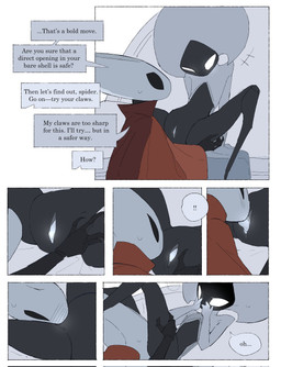 anthro bedroom between_legs biped black_body black_eyes blush blush_lines bodily_fluids border bottomless bottomless_female bottomless_humanoid breath cloak clothed clothing covering covering_mouth cunnilingus detailed_background dialogue duo empty_eyes exclamation_point eye_contact female female/female female_anthro female_humanoid genitals humanoid_on_anthro inside looking_at_another looking_at_partner lying mouthless on_back oral presenting presenting_vulva red_cloak red_clothing sex sitting speech_bubble spread_legs spreading sweat sweatdrop talking_to_another talking_to_partner text tongue tongue_out vaginal vulva white_body white_border white_eyes white_vulva justdog hollow_knight:_silksong hollow_knight_(franchise) team_cherry hornet_(hollow_knight) lace_(hollow_knight:_silksong) arthropod humanoid 2025 comic digital_drawing_(artwork) digital_media_(artwork) english_text hi_res