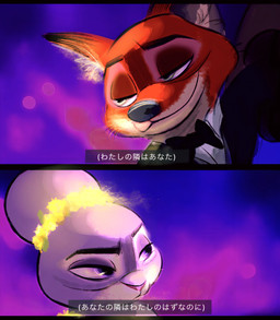 anthro black_tie_(suit) bow_tie clothed clothing duo ears_as_hair female fur hair_bun_ears interspecies male multicolored_body multicolored_fur narrowed_eyes orange_body orange_fur purple_eyes suit tan_body tan_fur text topwear nibkman0304 disney zootopia judy_hopps nick_wilde canid canine european_rabbit fox lagomorph leporid mammal oryctolagus rabbit red_fox true_fox 2026 hi_res japanese_text translation_request